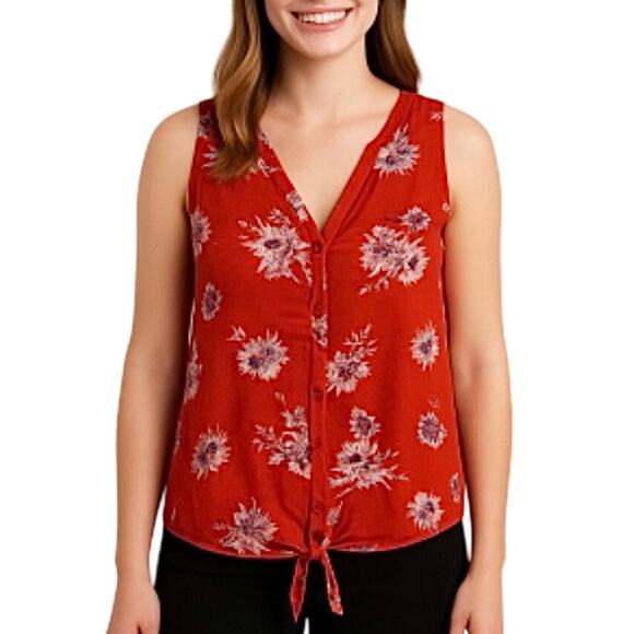 Lucky Brand Tops - Lucky Brand Red Floral Tie Front Blouse M Button Down Boho Hippie Cottage